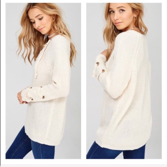 Oatmeal Lace Up Sweater - Picture 5 of 6